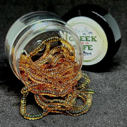 Micro Maggot Fly Larvae in a jar with creek life branding