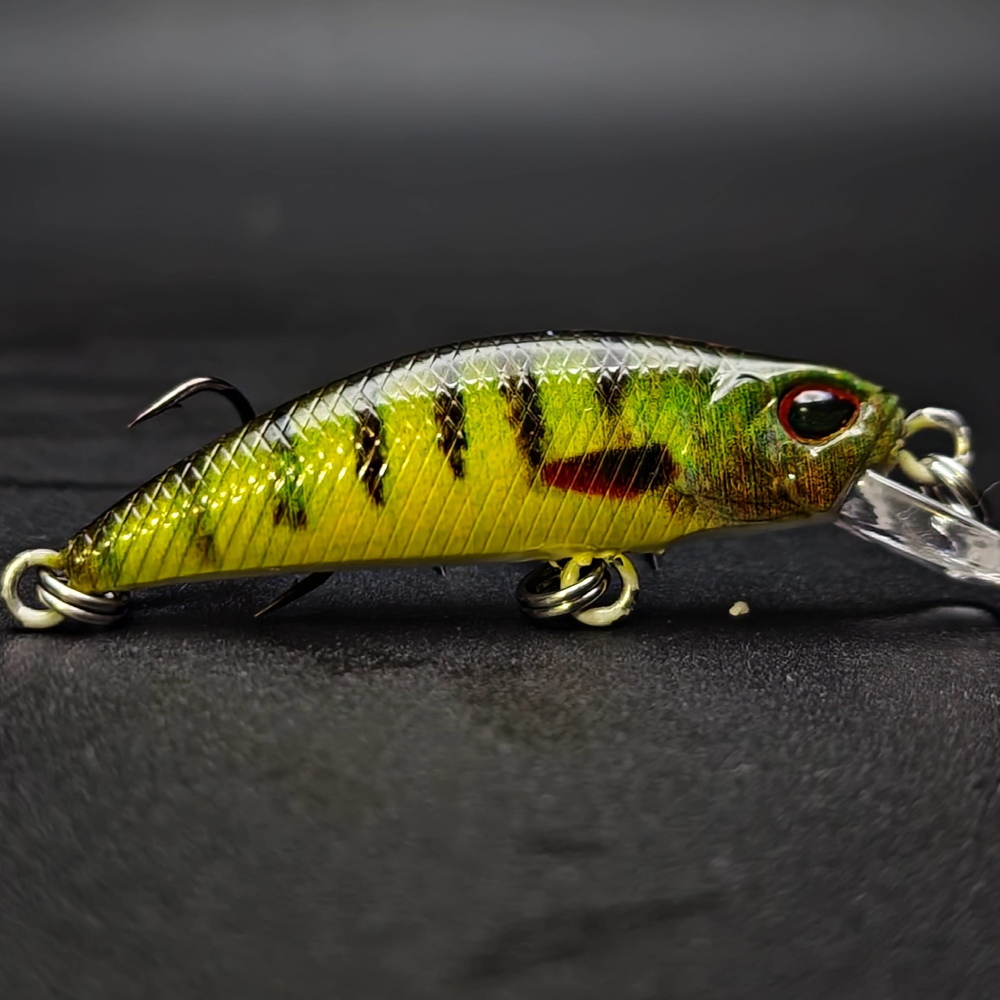 Green and red fishing lure on a dark background