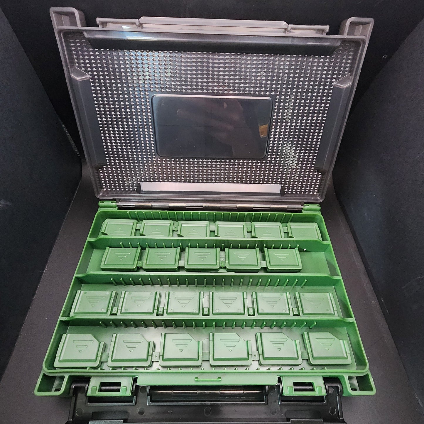 Green plastic compartments in a clear plastic case on a dark surface