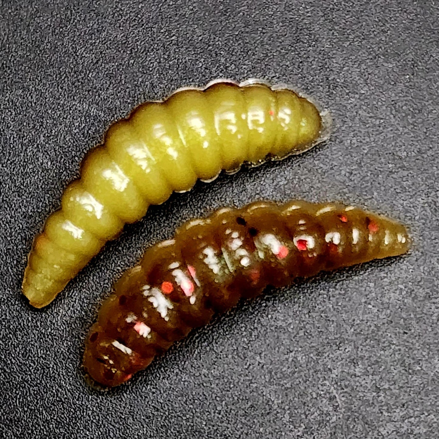 Two caterpillar larvae fishing lures on a gray surface