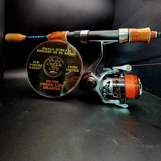 Fishing reel with line spool on a dark background