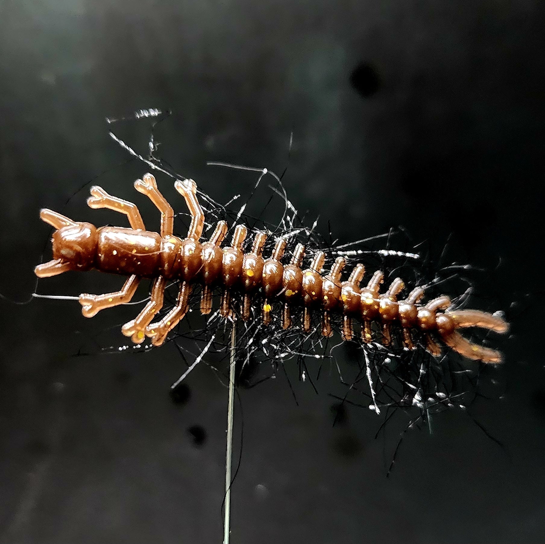 Close-up of a centipede fish lure on a dark background