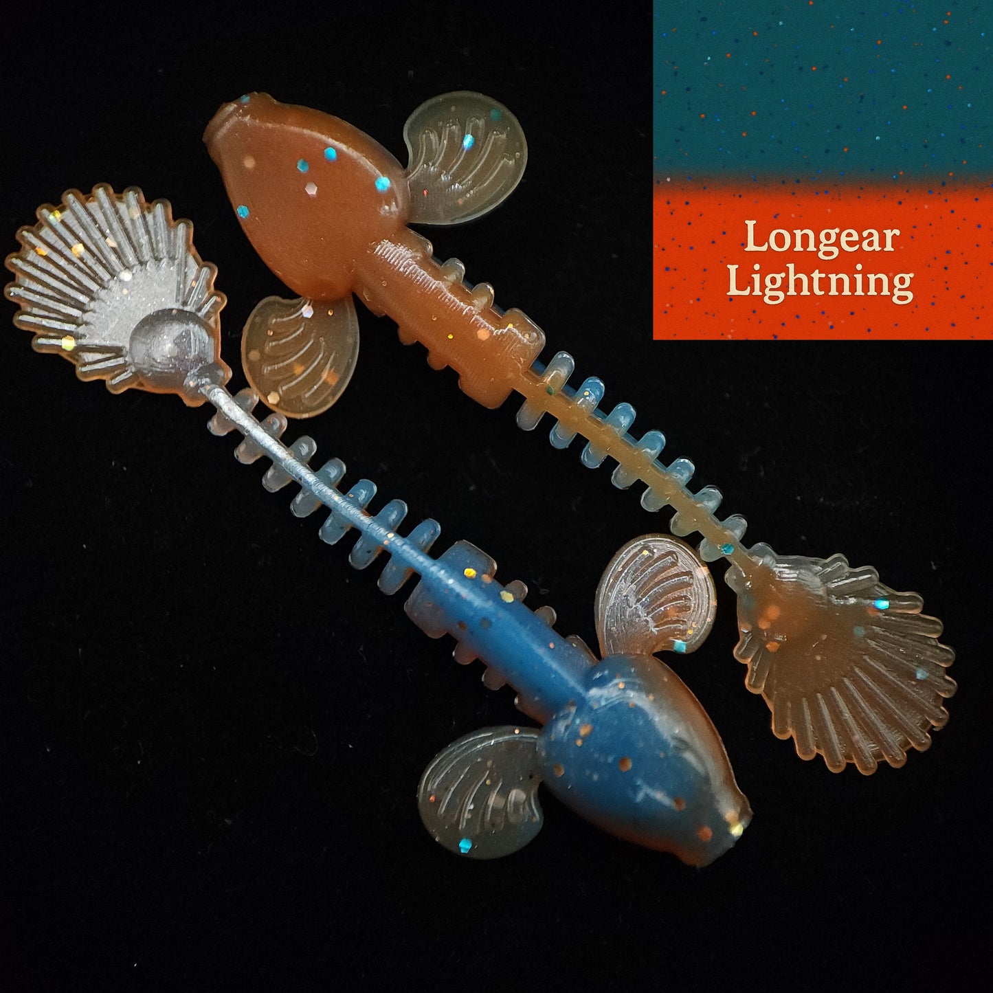 Two fishing lures, one blue and one brown, with 'Longear Lightning' branding on a dark background.