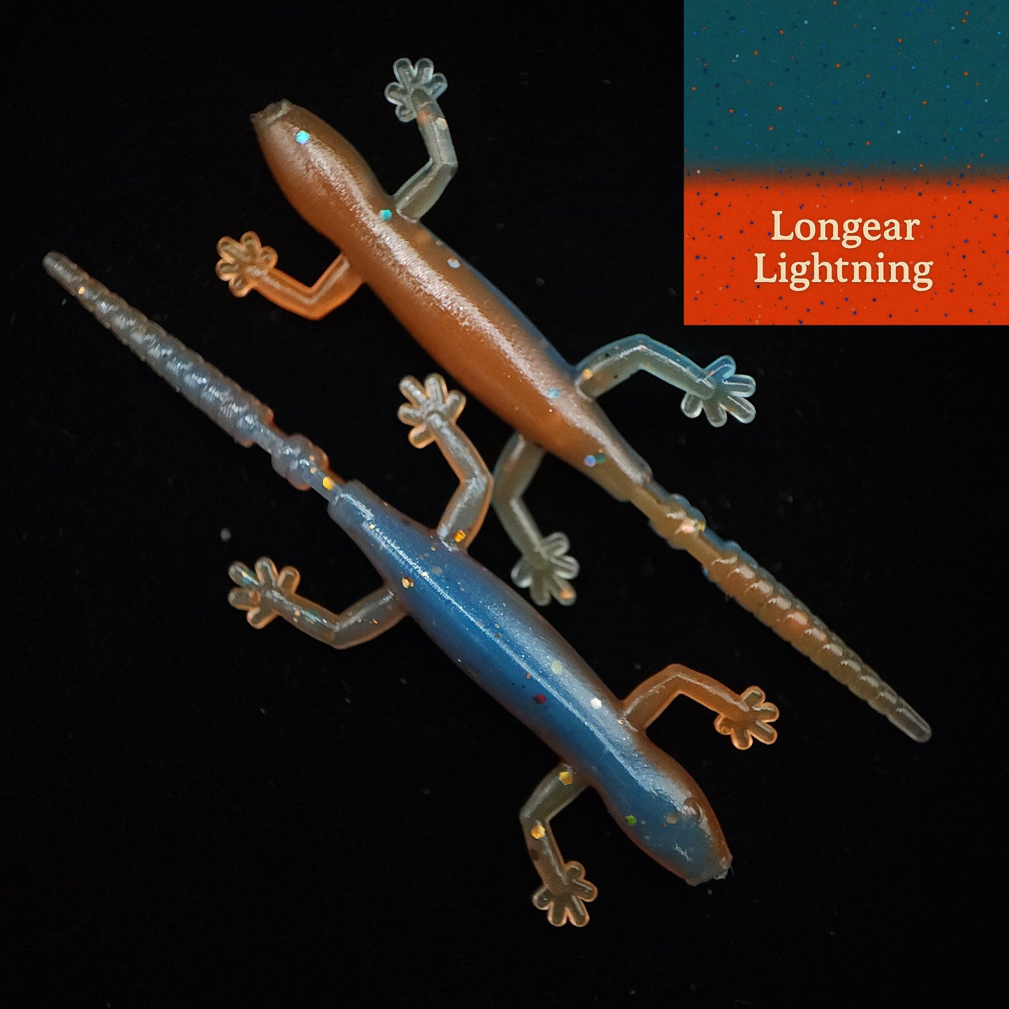 Two lizard-shaped fishing lures on a black background with 'Longear Lightning' branding.