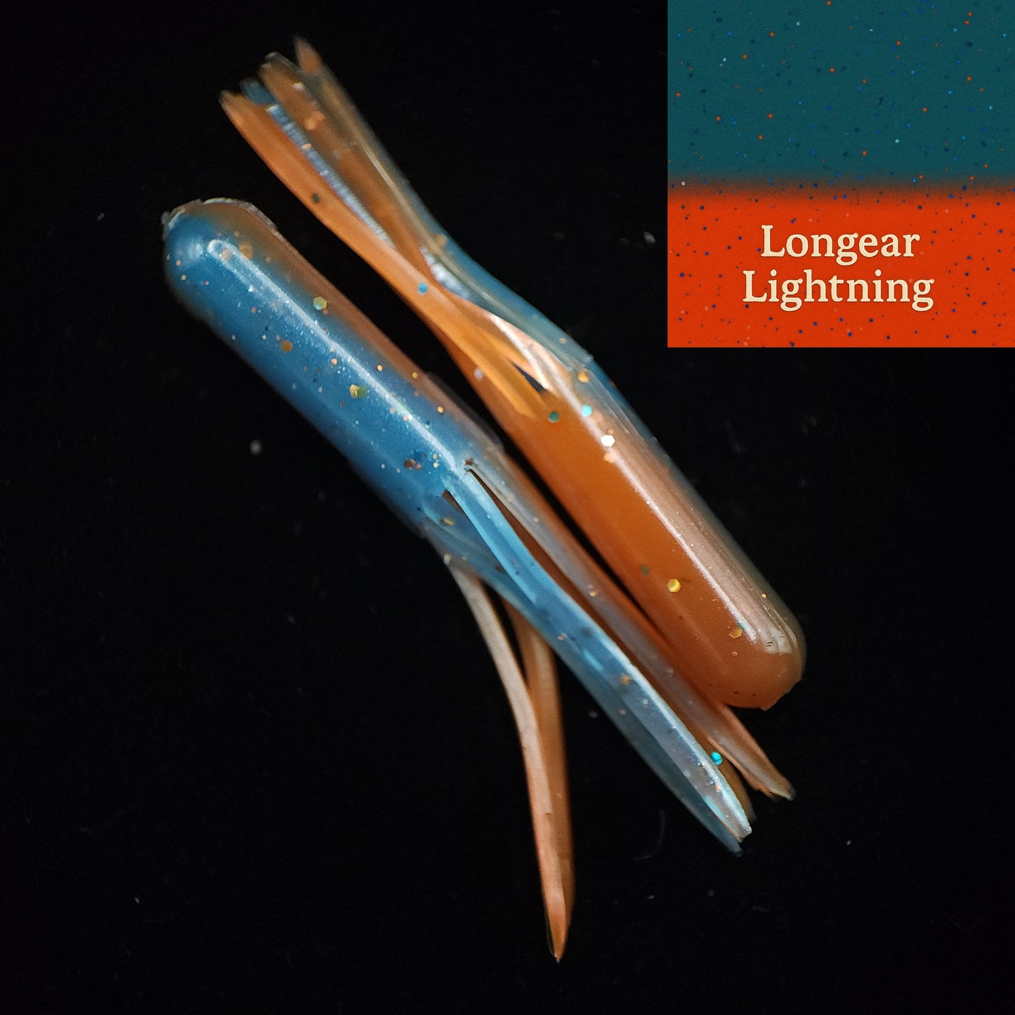 Two fishing lures, one blue and one orange, on a black background with 'Longear Lightning' text.