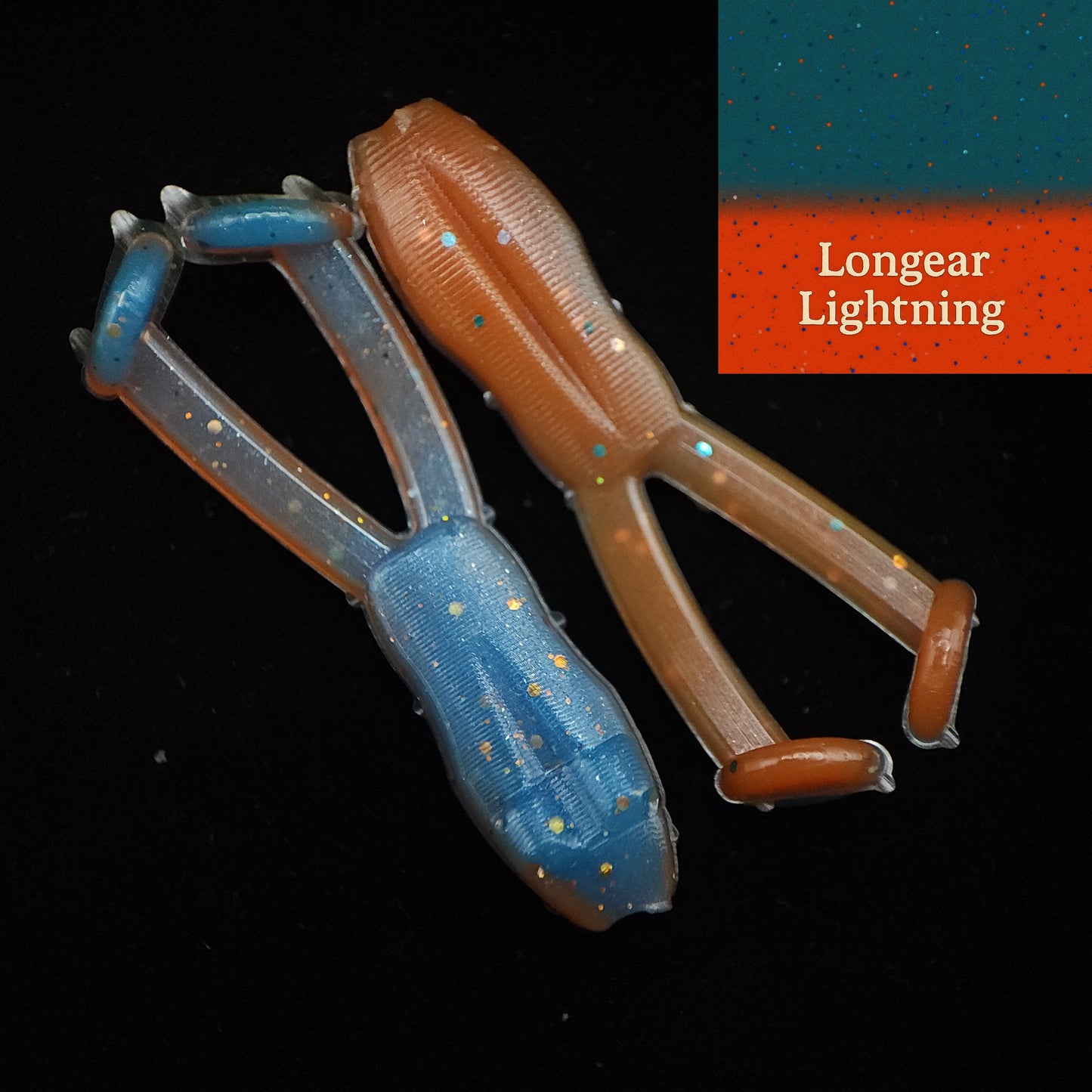 Blue and brown fishing lure with 'Longear Lightning' label on a dark background