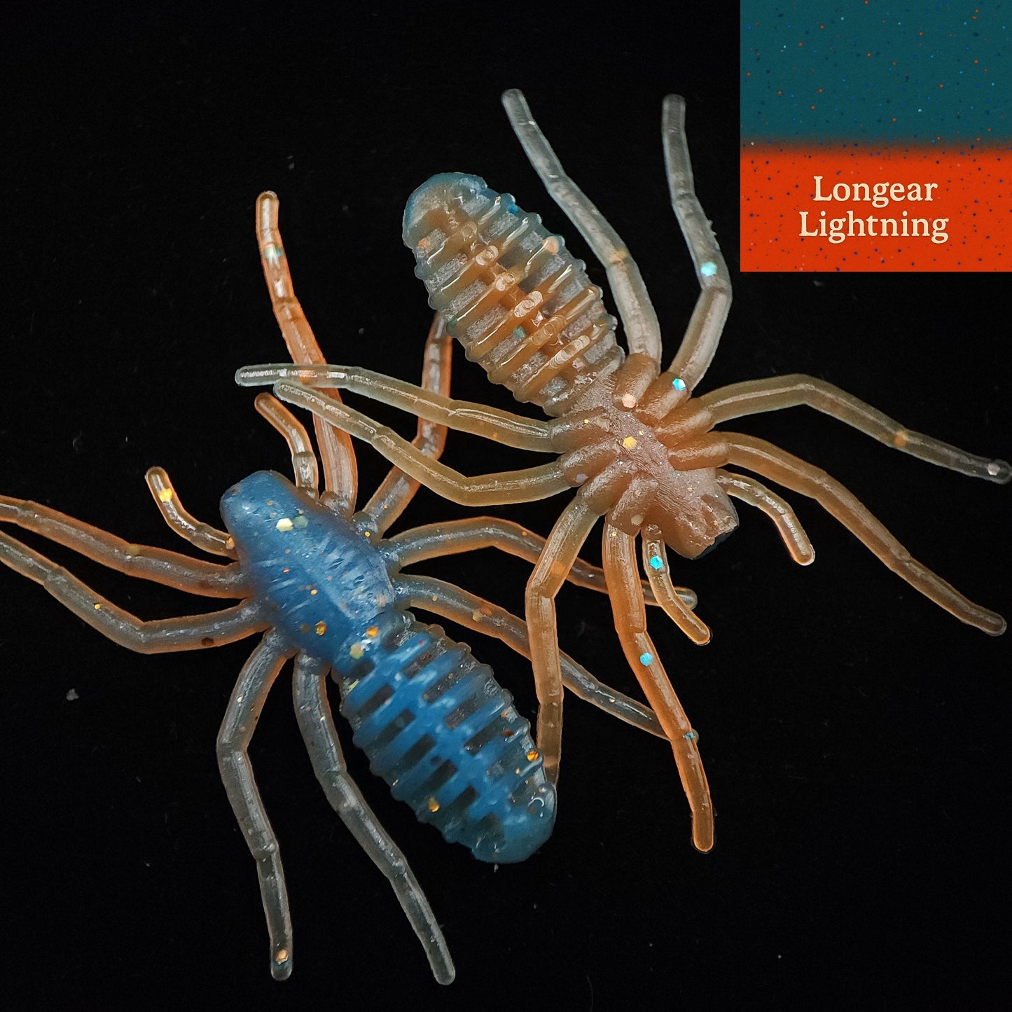 Two spider-shaped fishing lures, one blue and one brown, on a black background with 'Longear Lightning' branding.