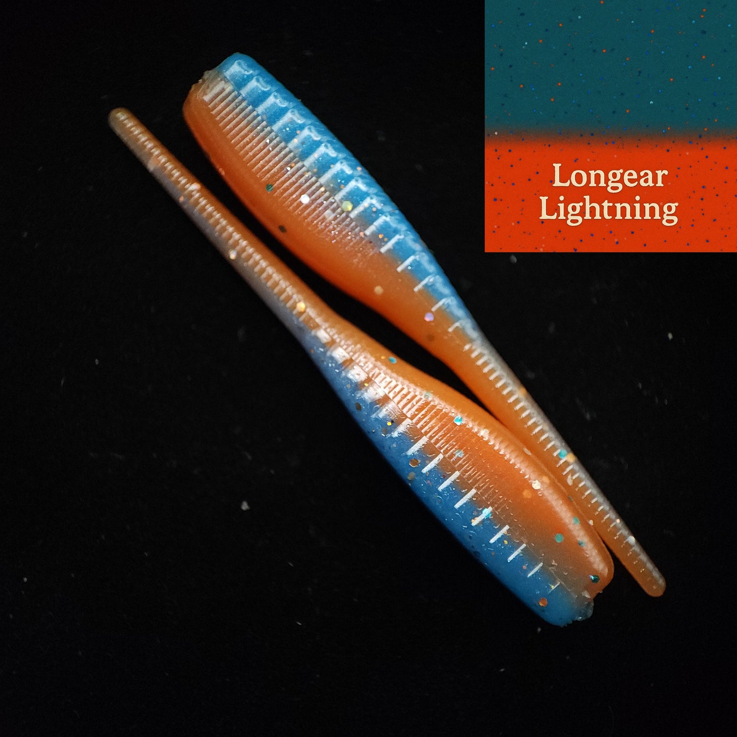 Two orange and blue fishing lures on a black background with 'Longear Lightning' label.