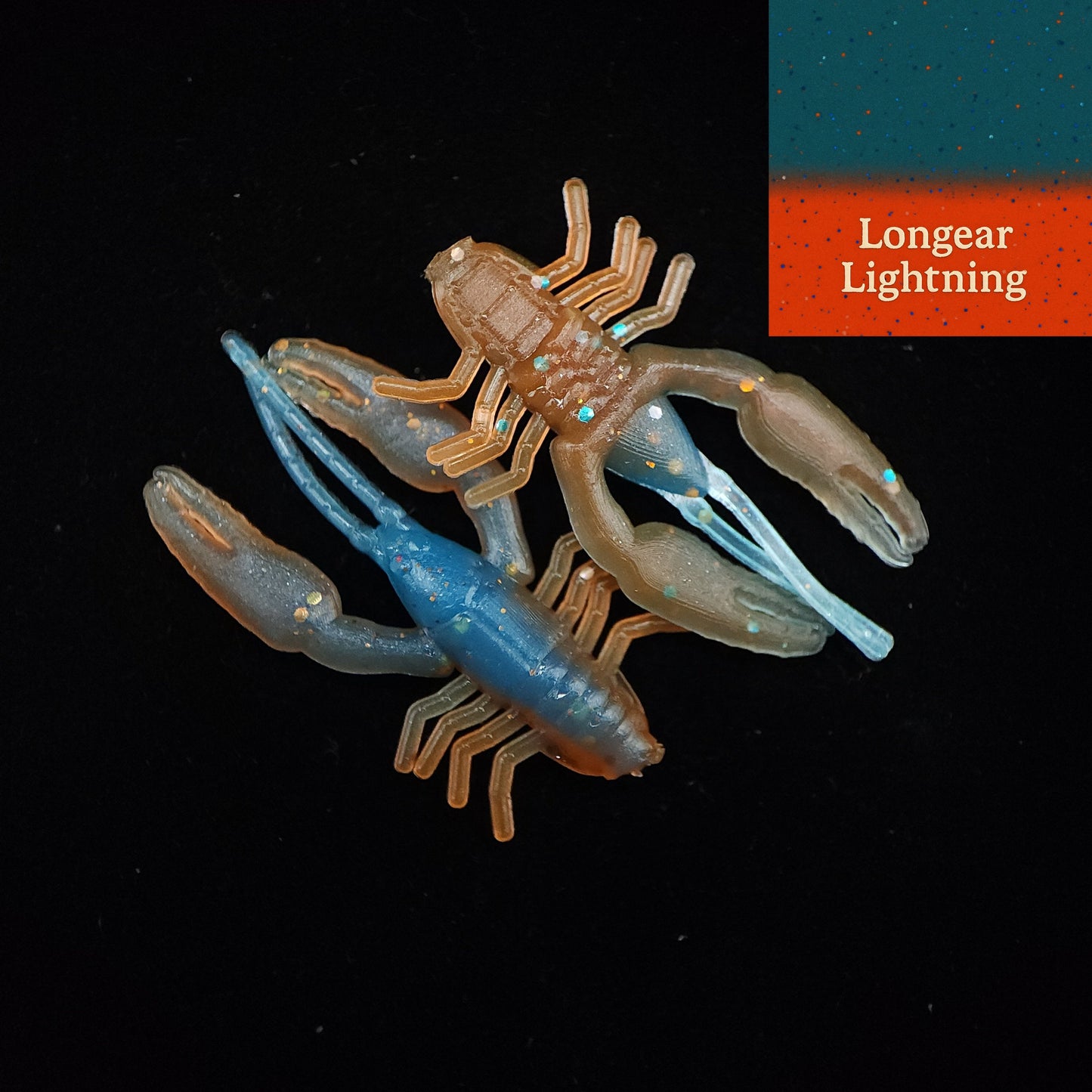 Three crawfish-shaped fishing lures on a black background with 'Longear Lightning' branding.