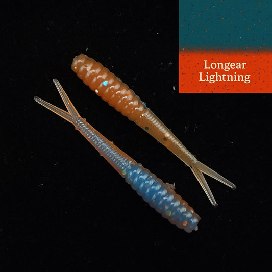 Two fishing lures with a 'Longear Lightning' label on a black background