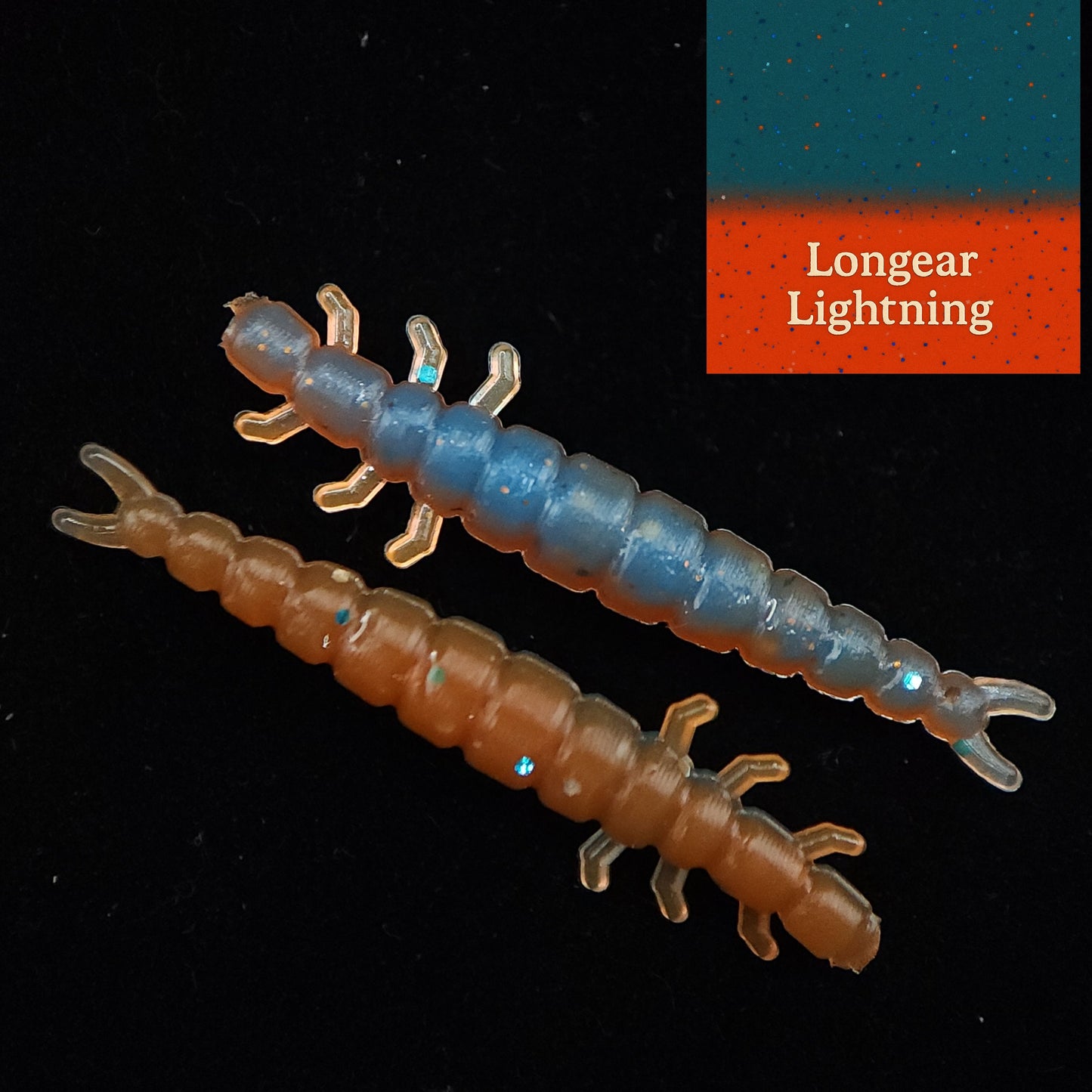 Two fishing lures, one blue and one brown, on a black background with 'Longear Lightning' label.
