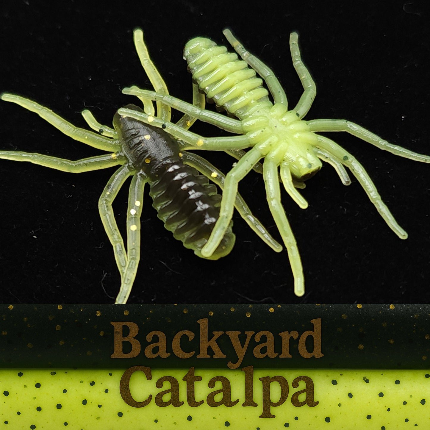 Two green spider-like lures on a black background with 'Backyard Catalpa' text.
