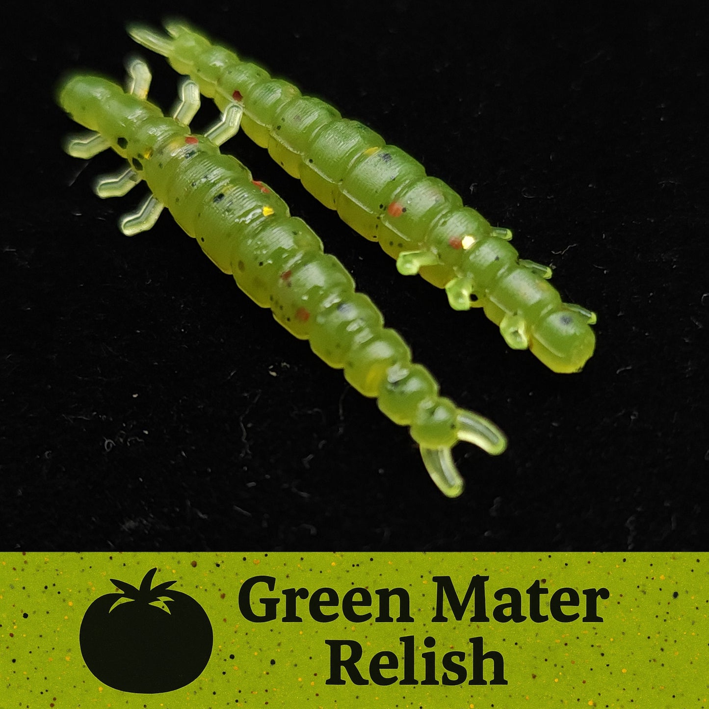 Two green fishing lures on a black background with 'Green Mater Relish' text and logo.