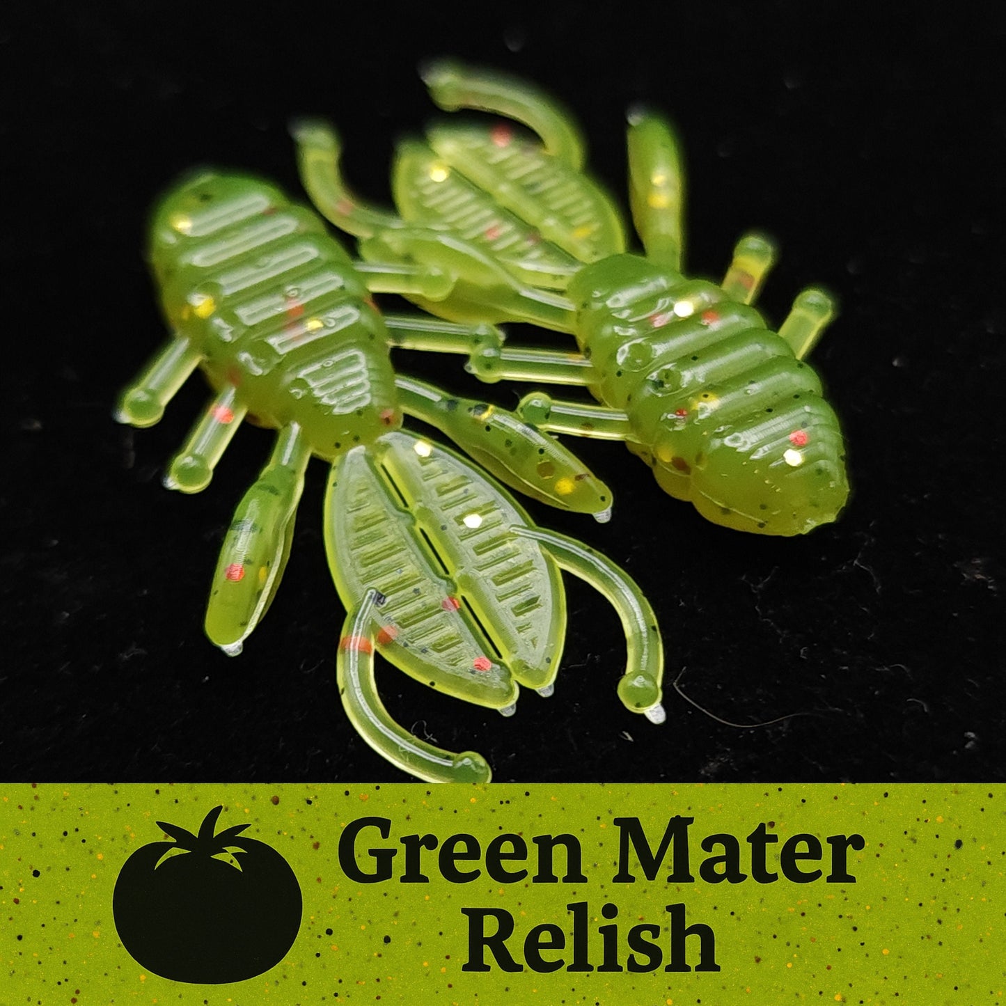 Green insect-shaped fishing lures with 'Green Mater Relish' text on a black background