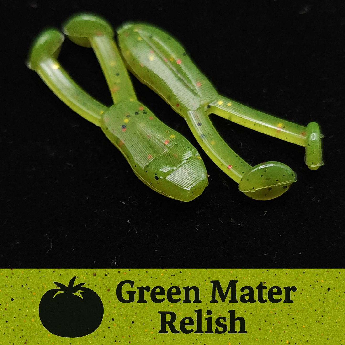 Green fishing lure with 'Green Mater Relish' label on a black background