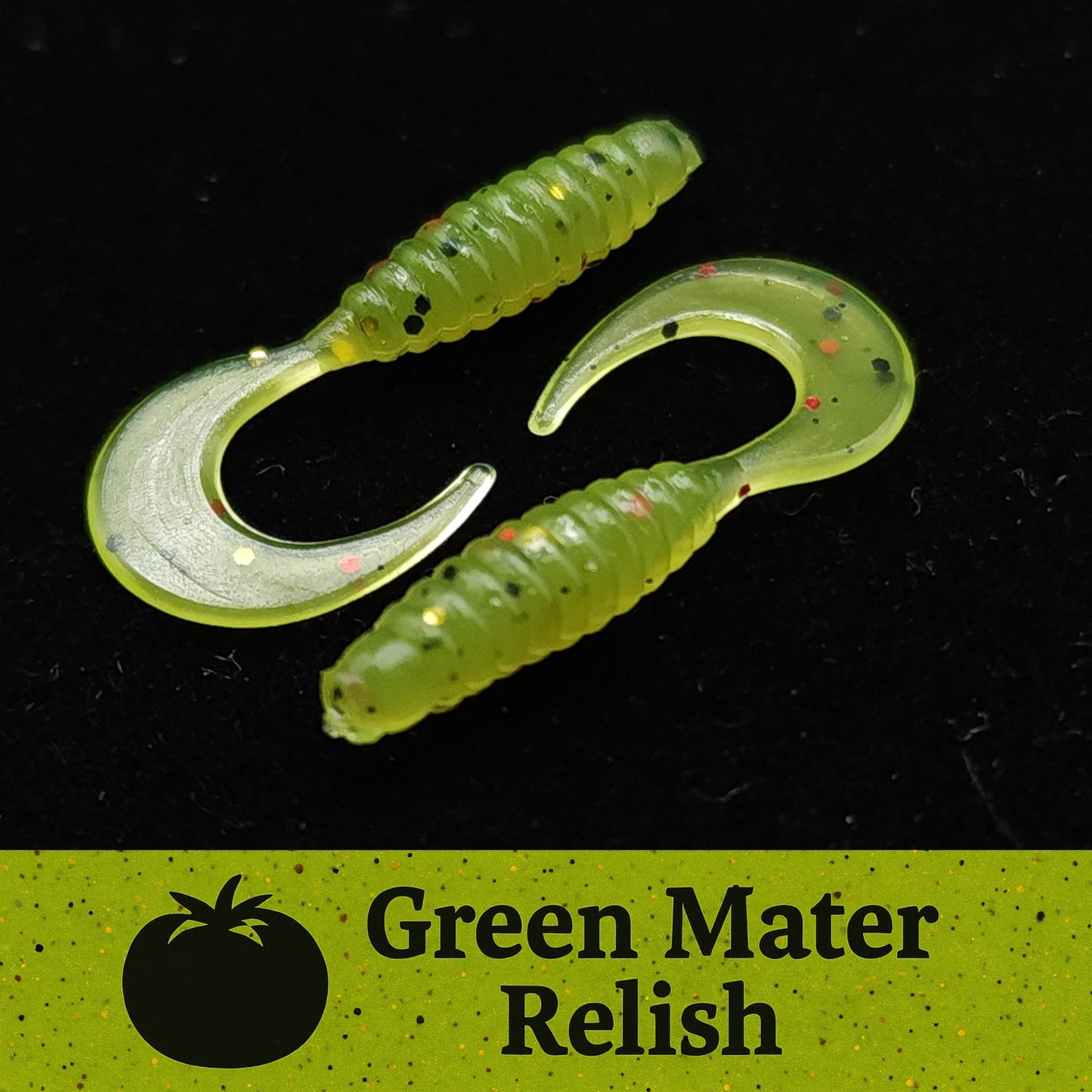 Two green fishing lures with a 'Green Mater Relish' label on a black background