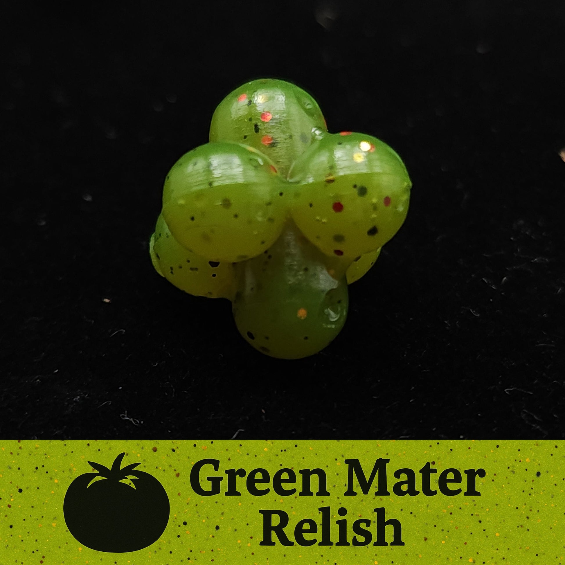 Green Mater Relish Salmon Egg Cluster Fishing Lure with a black background and 'Green Mater Relish' text below.