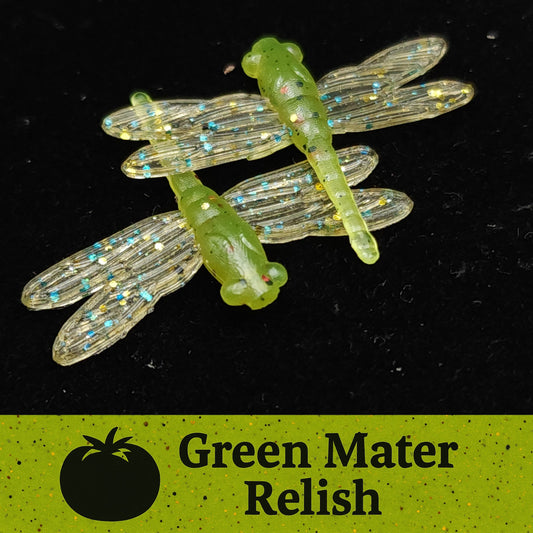 Two green dragonfly-shaped lures on a black background with 'Green Mater Relish' label.