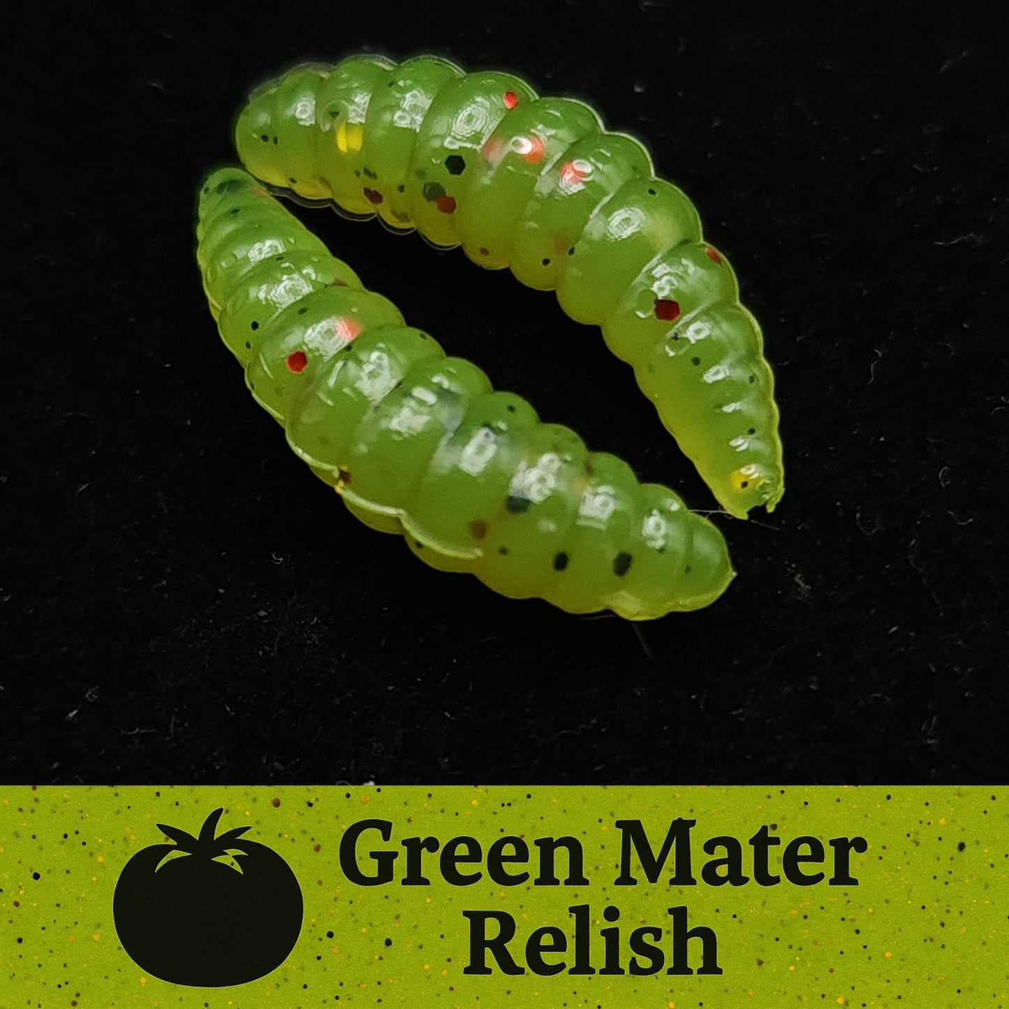 Two green larvae fishing lures on a black background with 'Green Mater Relish' text below.