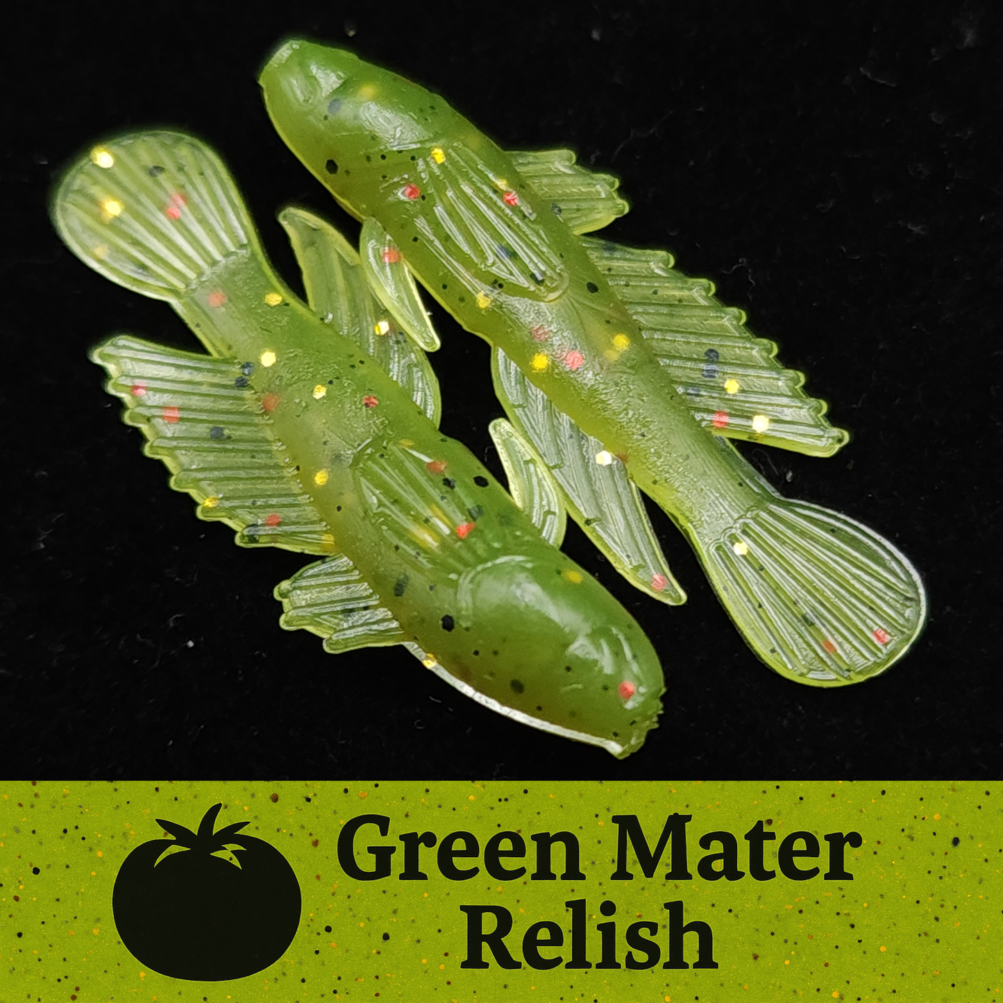 Two green fishing lures with speckles on a black background, labeled 'Green Mater Relish'.
