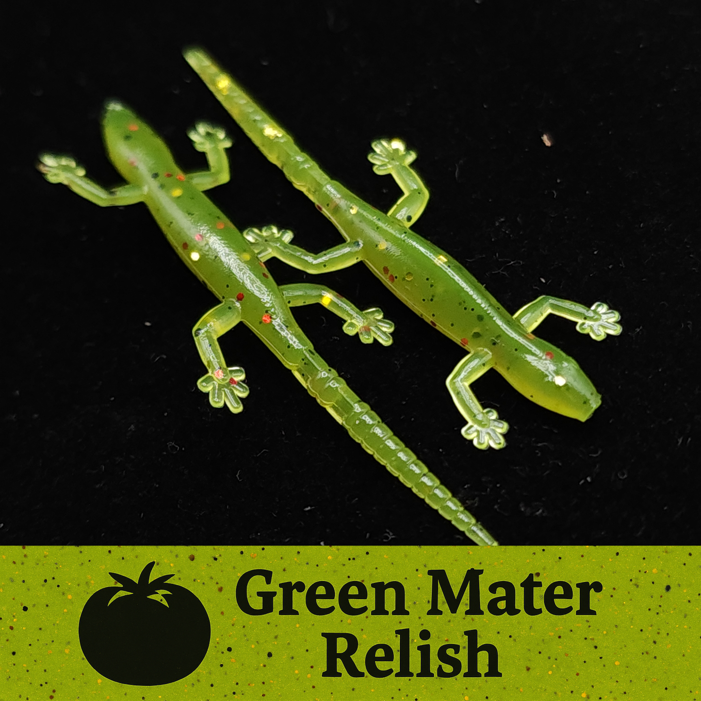 Two green lizard fishing lures on a black background with 'Green Mater Relish' text.