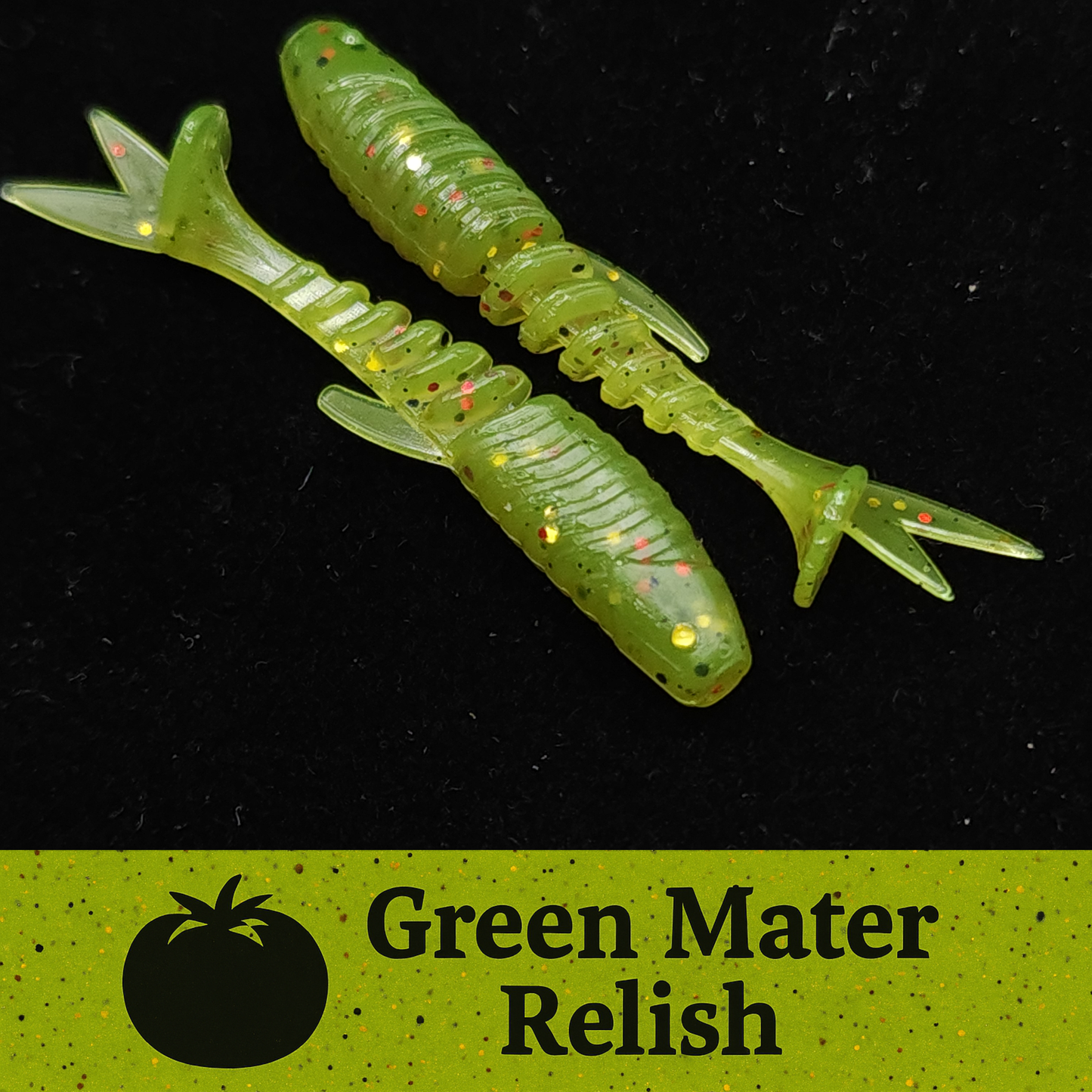 Two green fishing lures with red specks on a black background, labeled 'Green Mater Relish'.