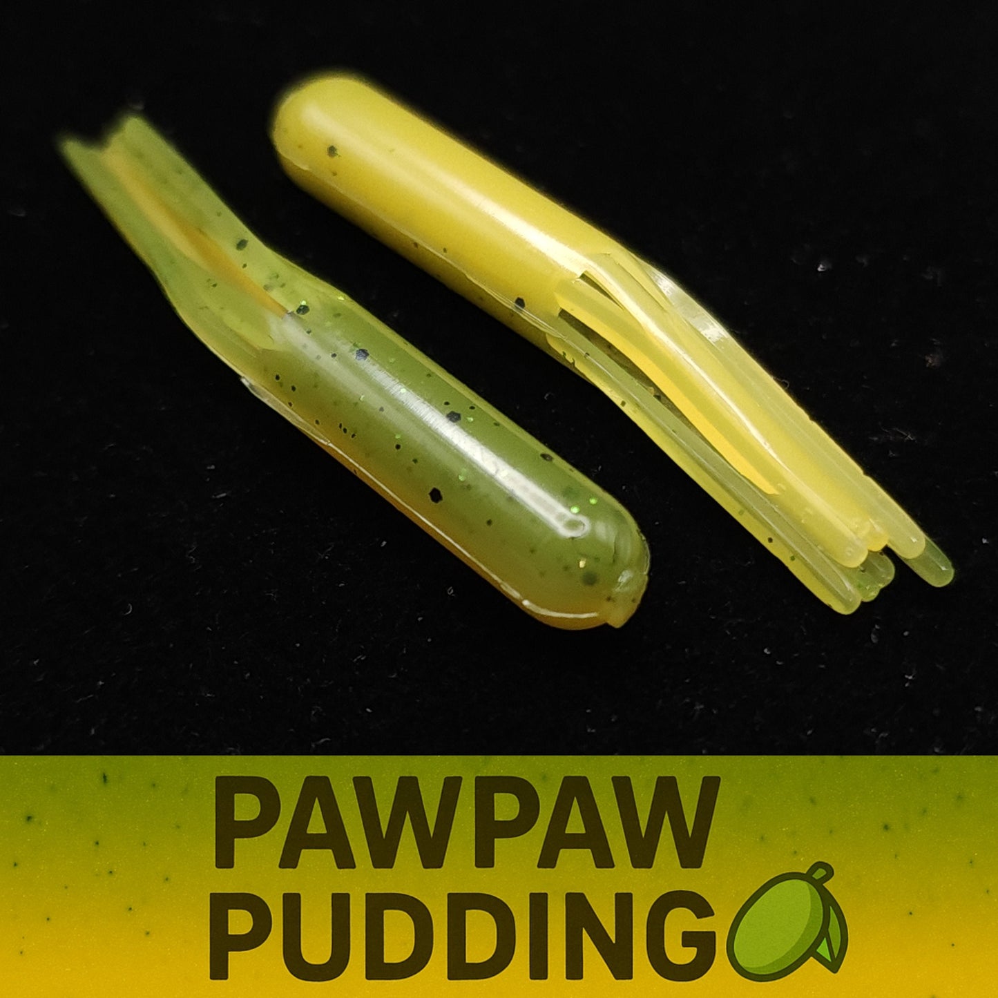 Two green and yellow fishing lures on a black background with 'Pawpaw Pudding' text.