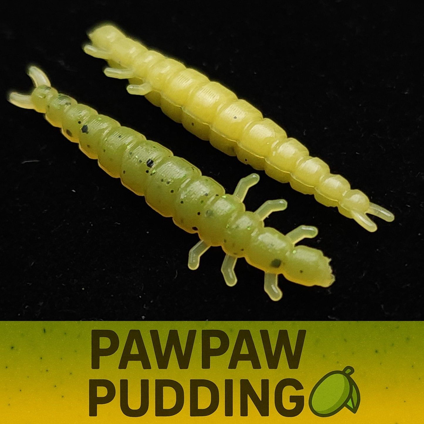 Two yellow larva-like fishing lures on a black background with 'Pawpaw Pudding' text below.