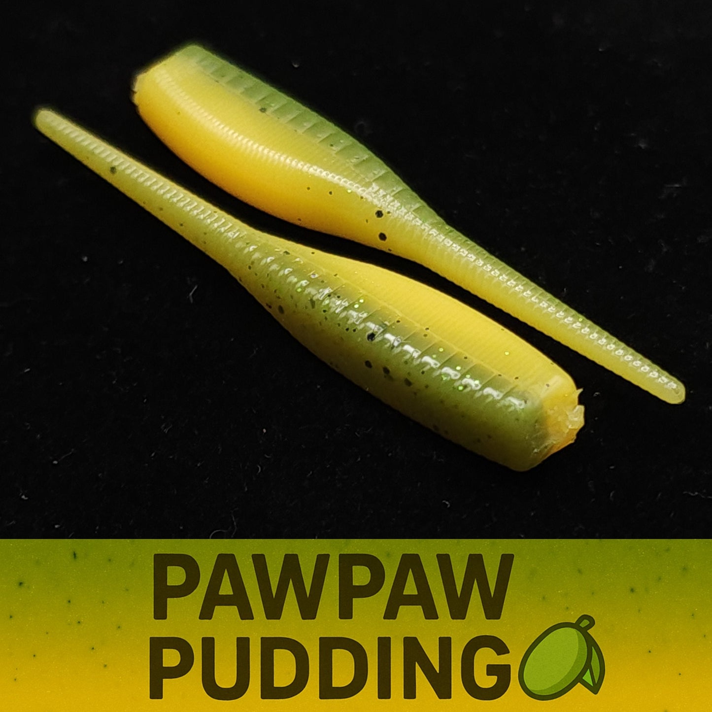 Two yellow pawpaw pudding fishing lures on a black background with 'Pawpaw Pudding' text.