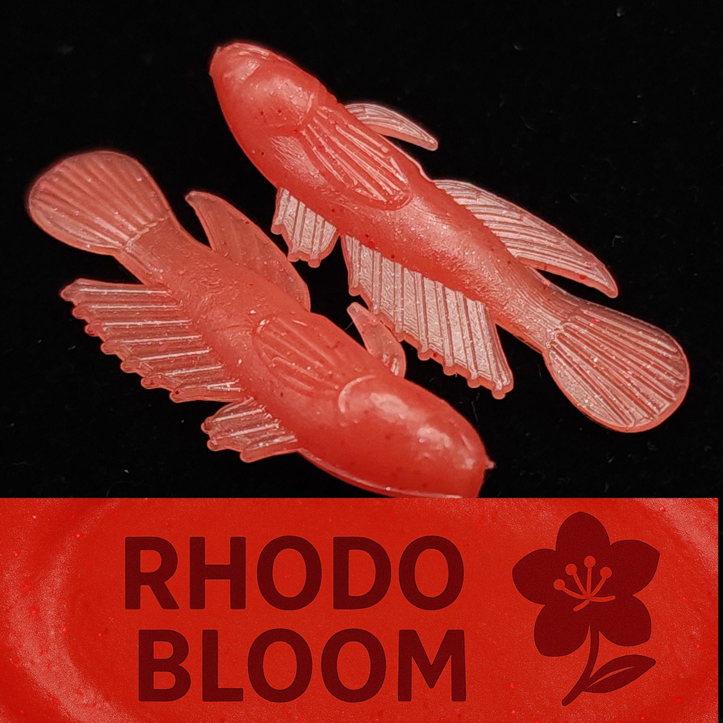Red fish-shaped objects with 'Rhodo Bloom' branding on a black background