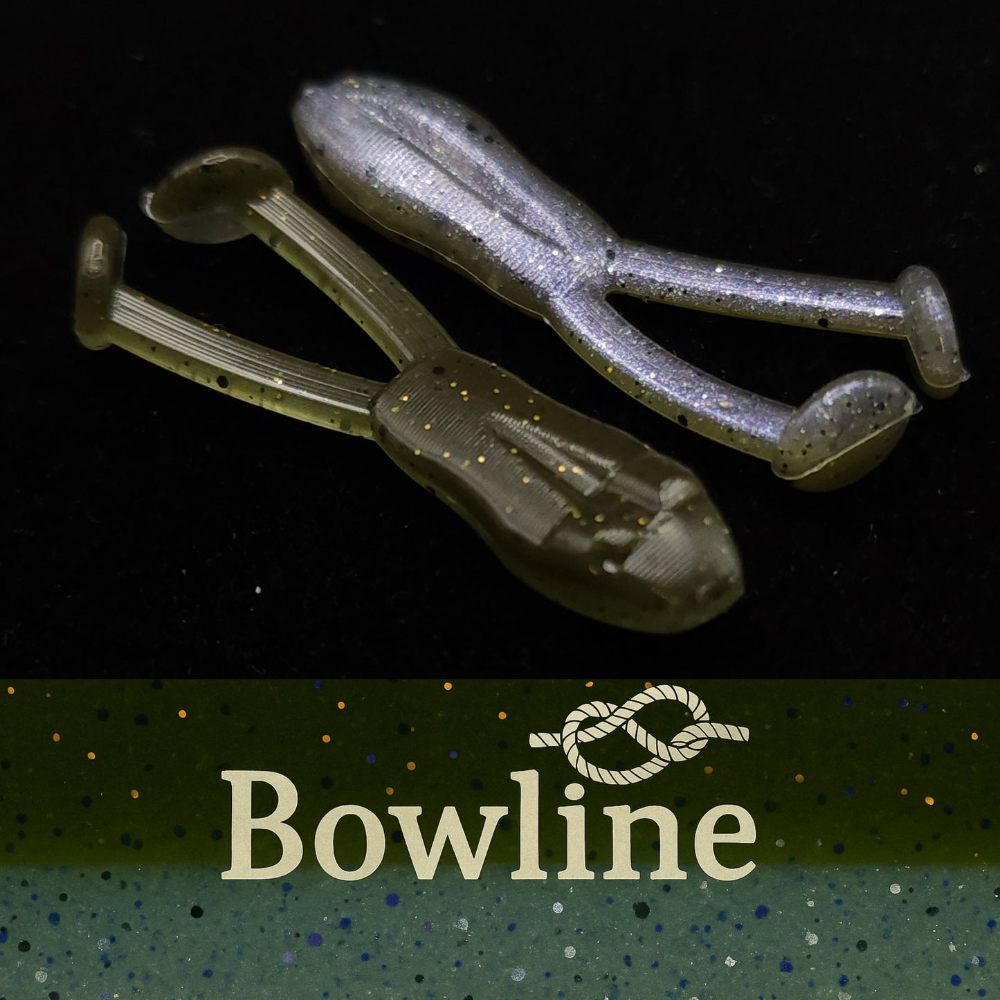 Two frog shaped fishing lures on a dark background with 'Bowline' branding.
