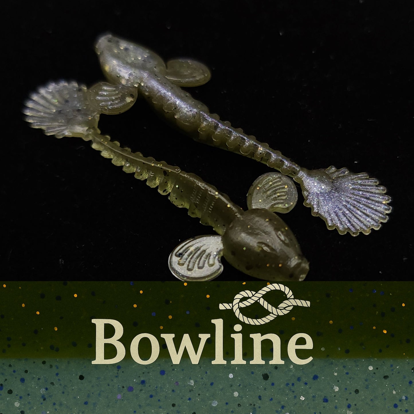 Two fishing lures on a black background with 'Bowline' branding.