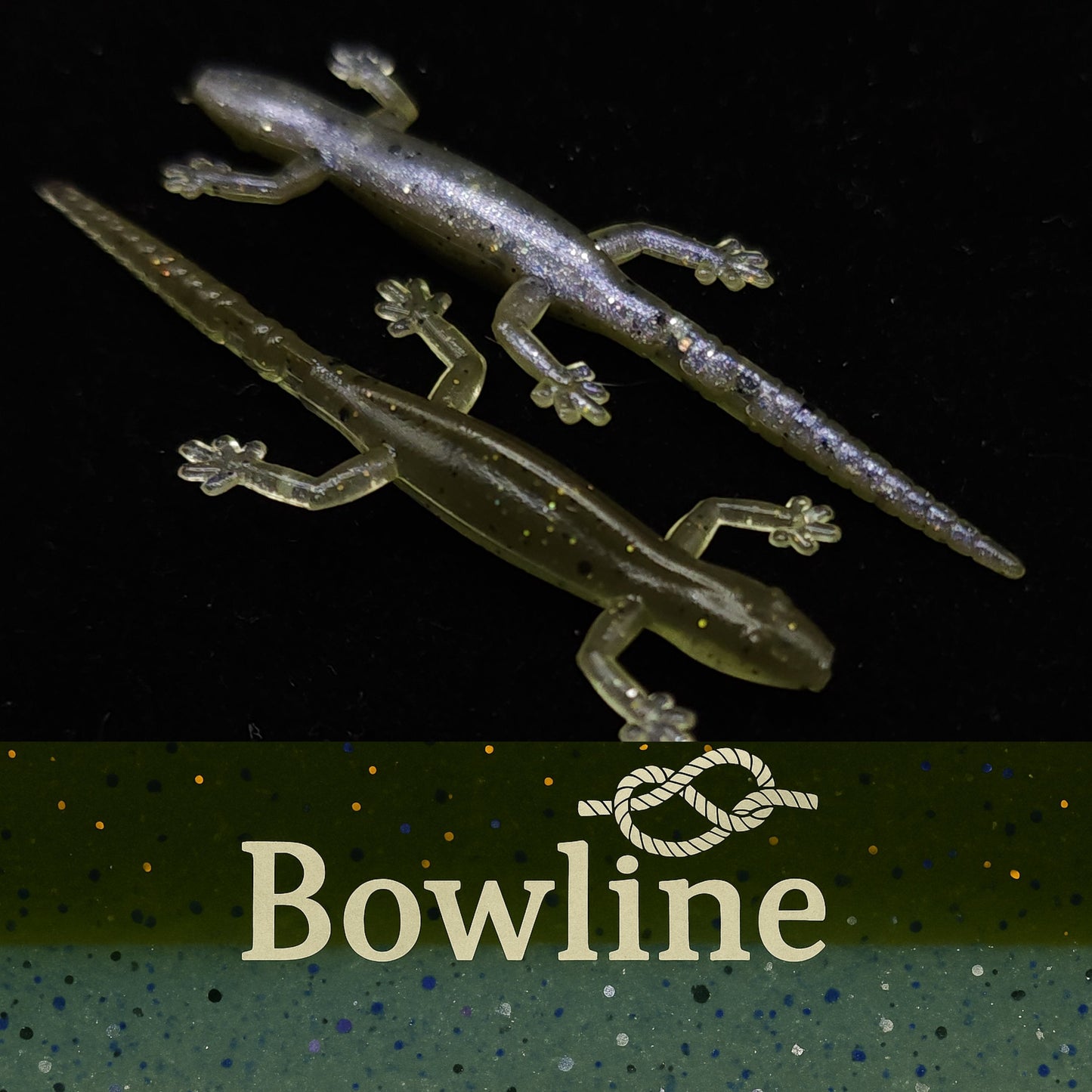 Two transparent lizard lures on a dark background with 'Bowline' branding