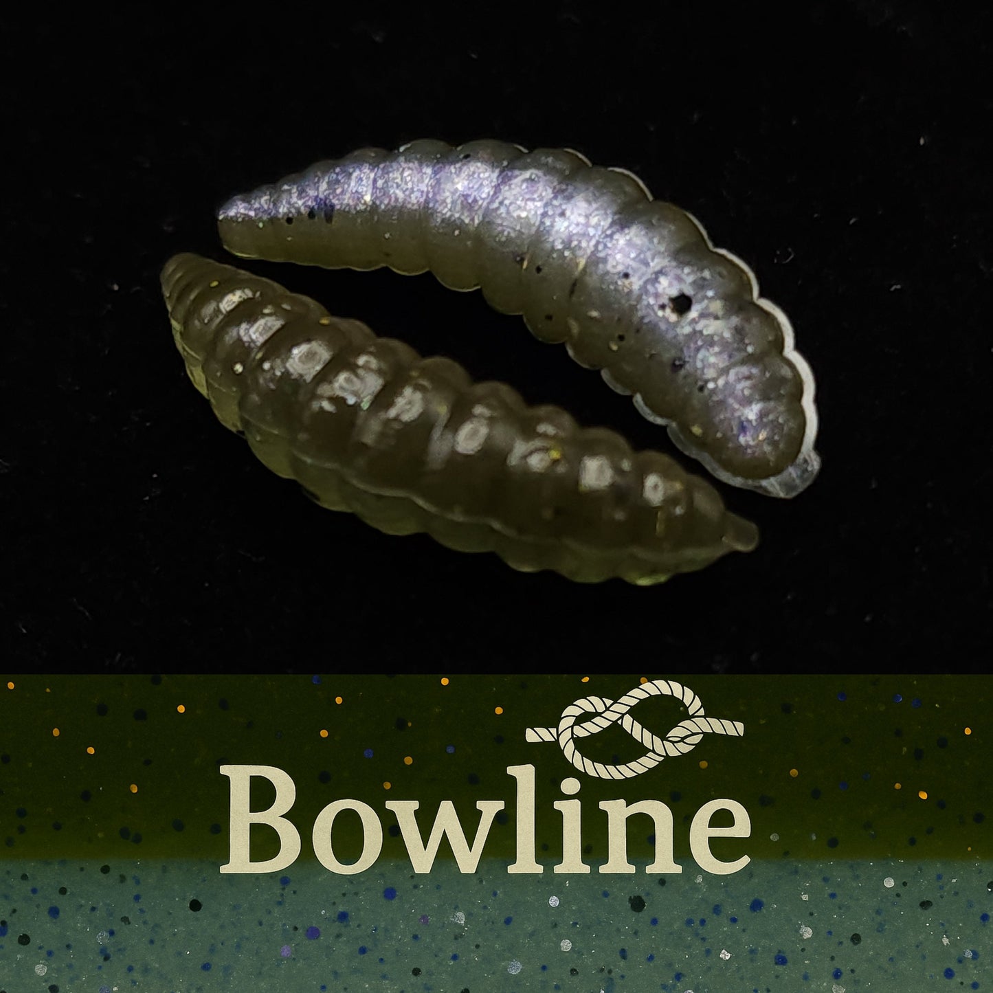 Two caterpillar fishing lures on a dark background with 'Bowline' branding.