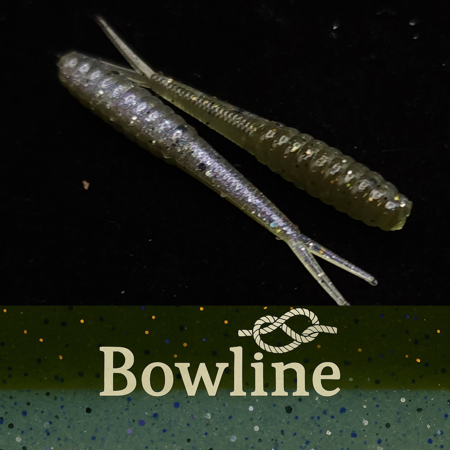Two fishing lures on a dark background with 'Bowline' branding.