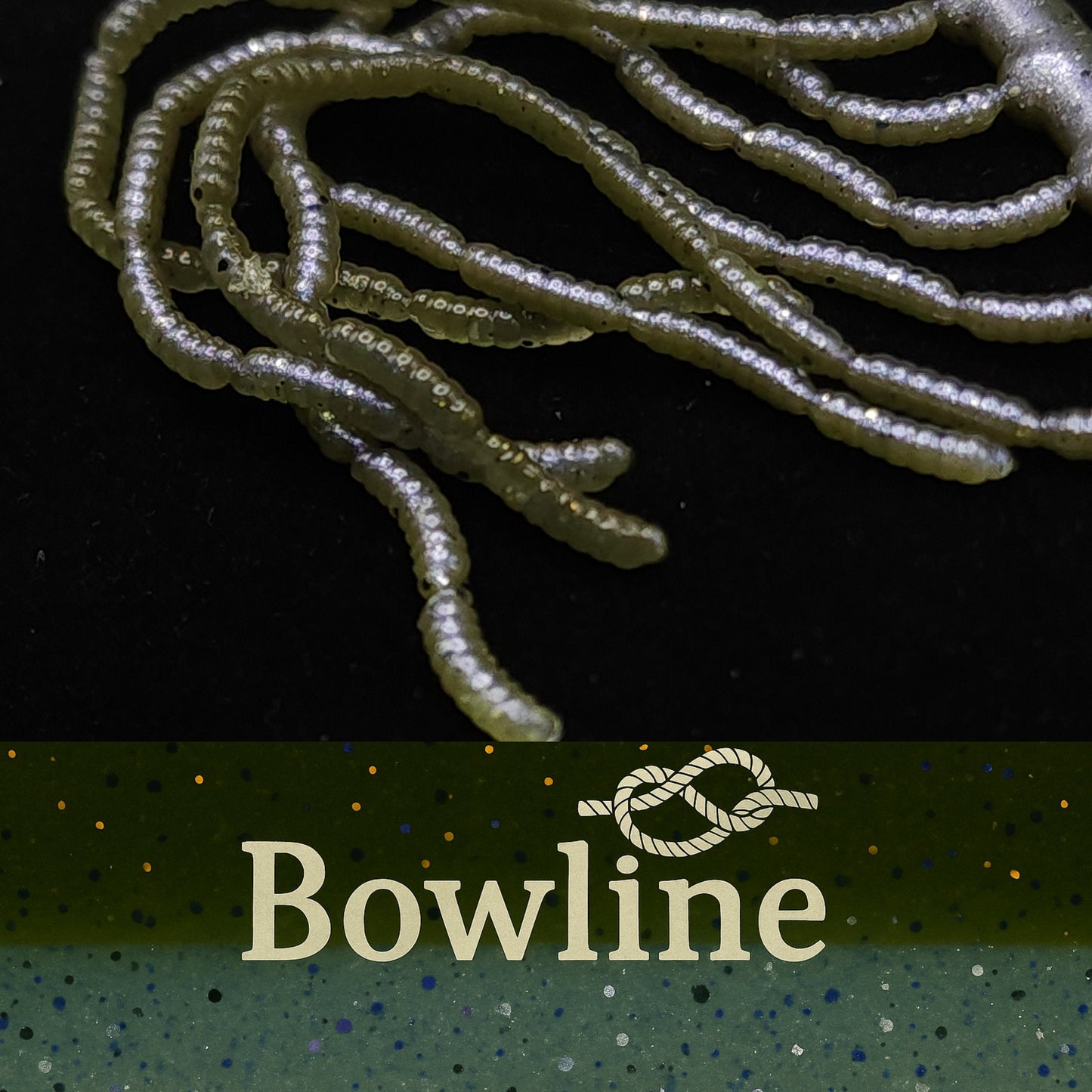 Coiled Micro Maggot Fly Larvae with 'Bowline' branding on a dark background