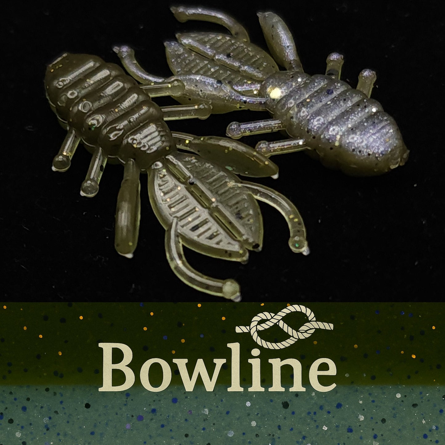 Two translucent crawfish-shaped fishing lures on a black background with 'Bowline' branding.