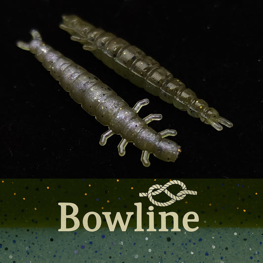 Two realistic fishing lures on a black background with 'Bowline' branding