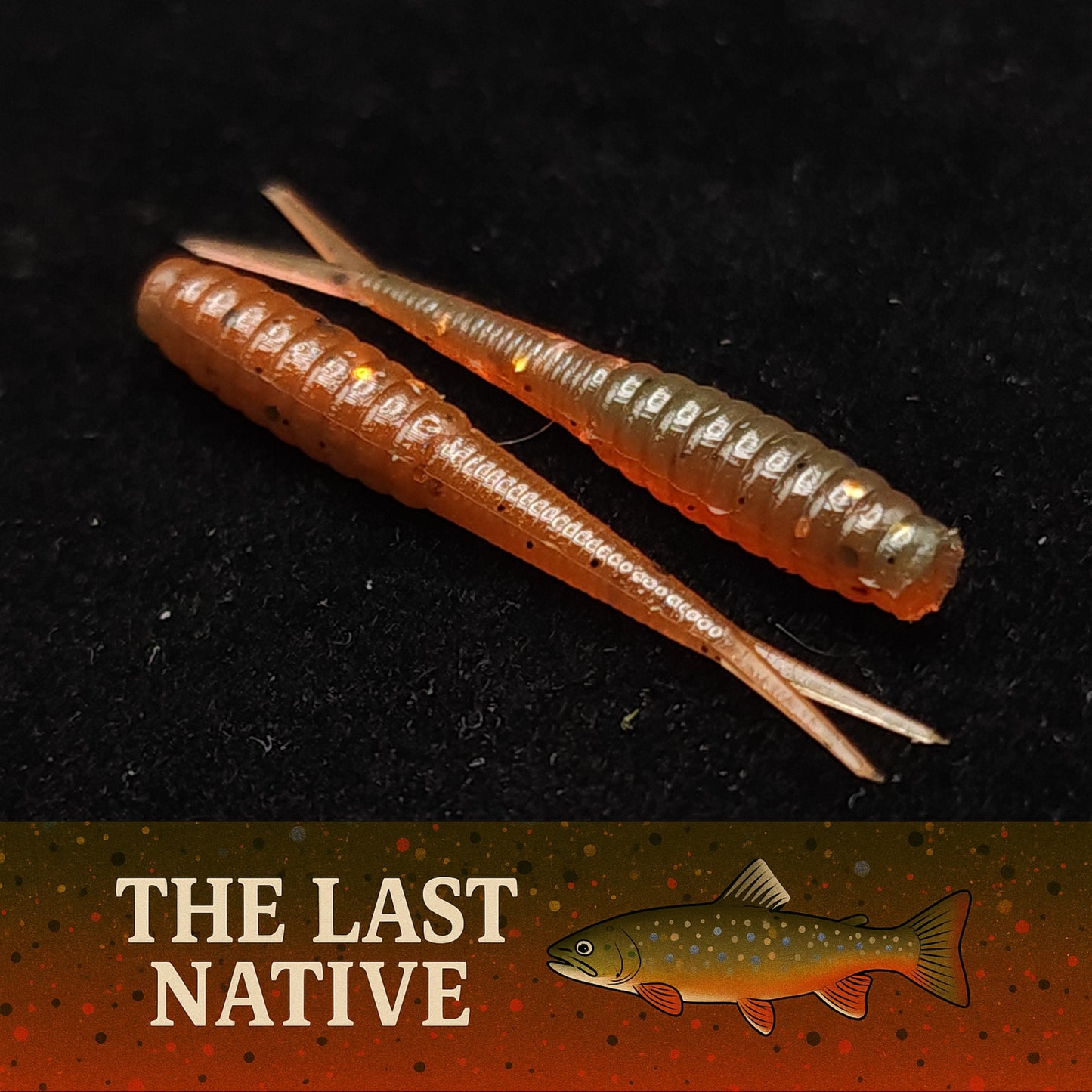 Two orange and brown fishing lures on a black background with 'The Last Native' branding.