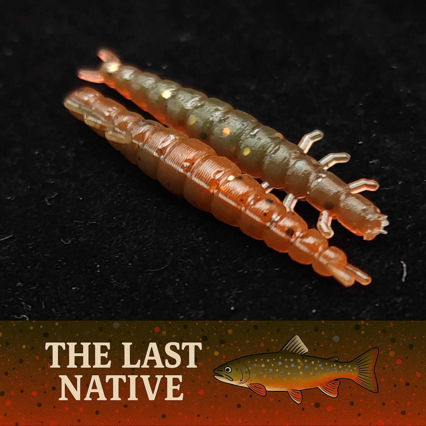 Two soft plastic fishing lures on a dark background with 'The Last Native' branding.