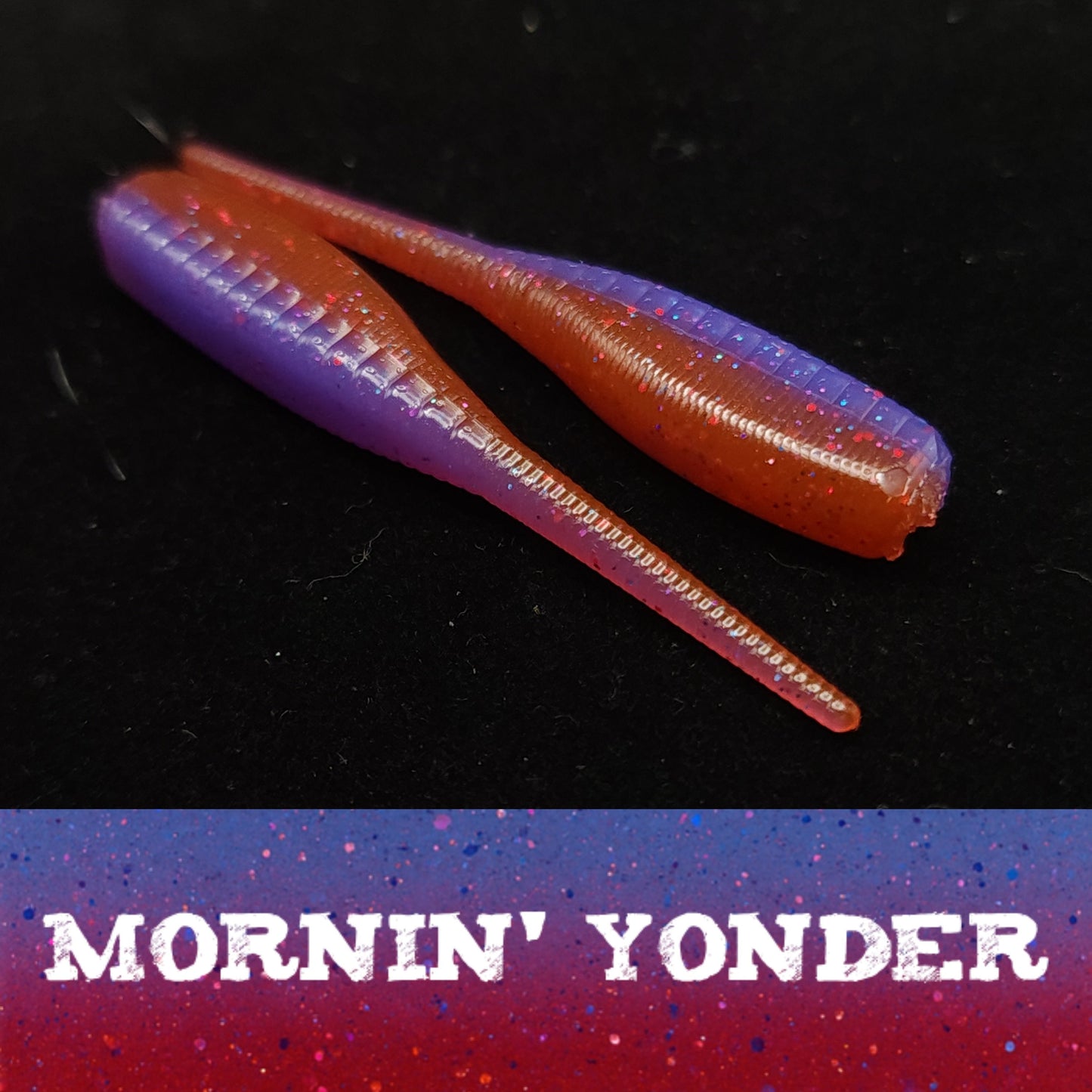 Two colorful fishing lures on a dark background with 'MORNIN' YONDER' text.