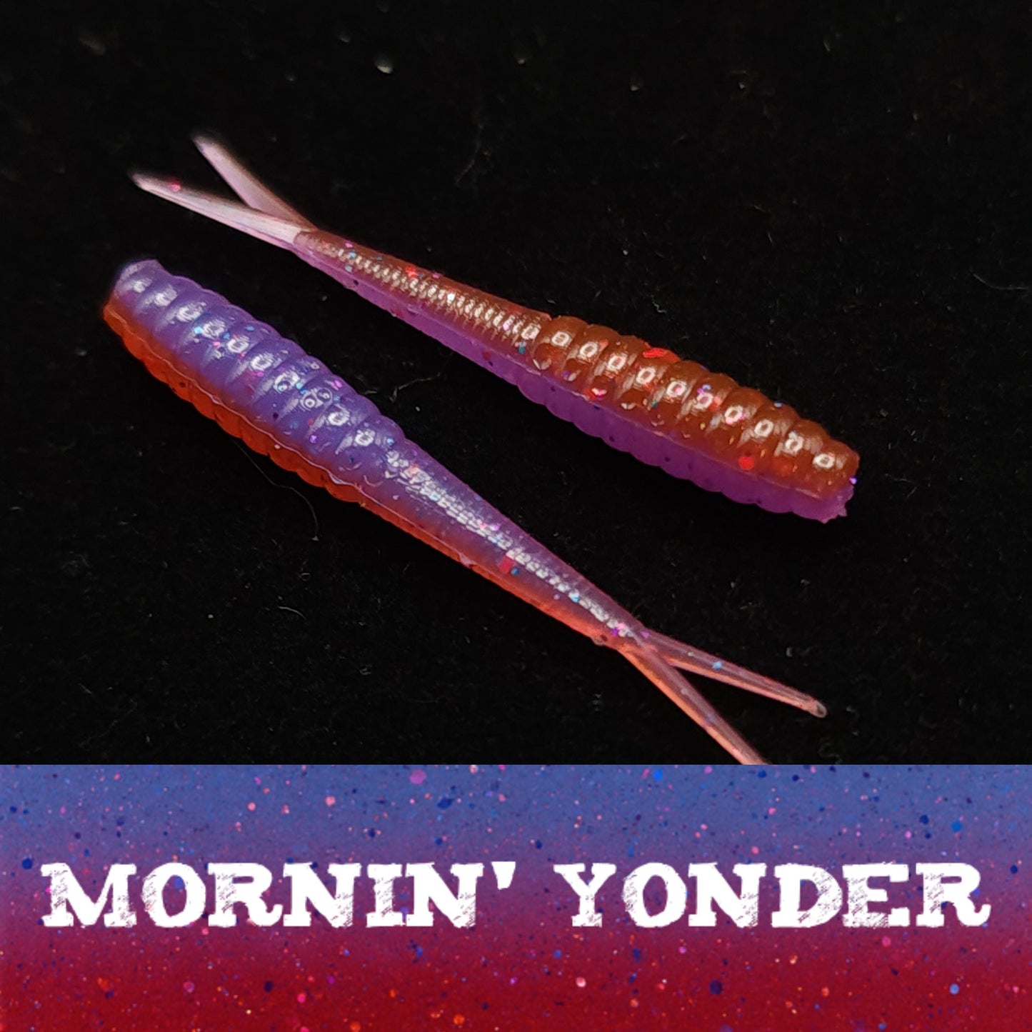 Two colorful fishing lures on a black background with 'Mornin' Yonder' text.