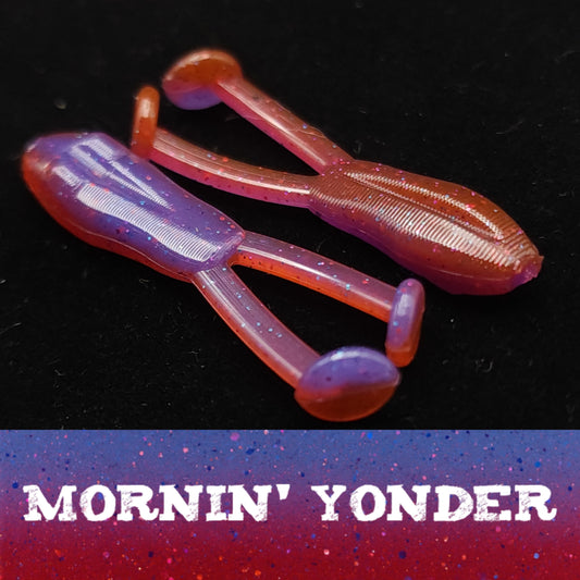 Two pink and purple fishing lures on a dark background with 'Mornin' Yonder' text.