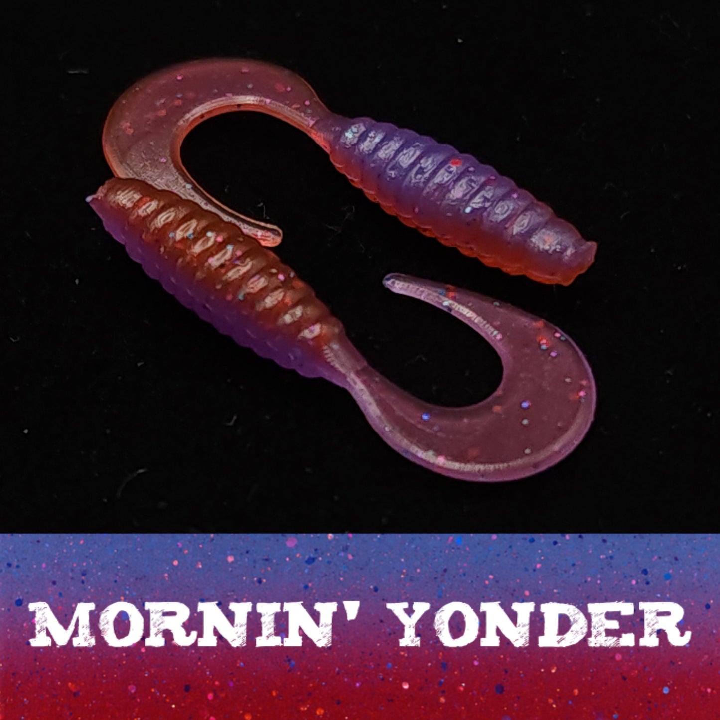 Two pinkish-red fishing lures on a dark background with 'Mornin' Yonder' text.