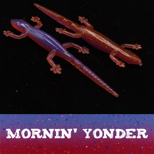 Two lizard-shaped fishing lures on a dark background with 'Mornin' Yonder' text.