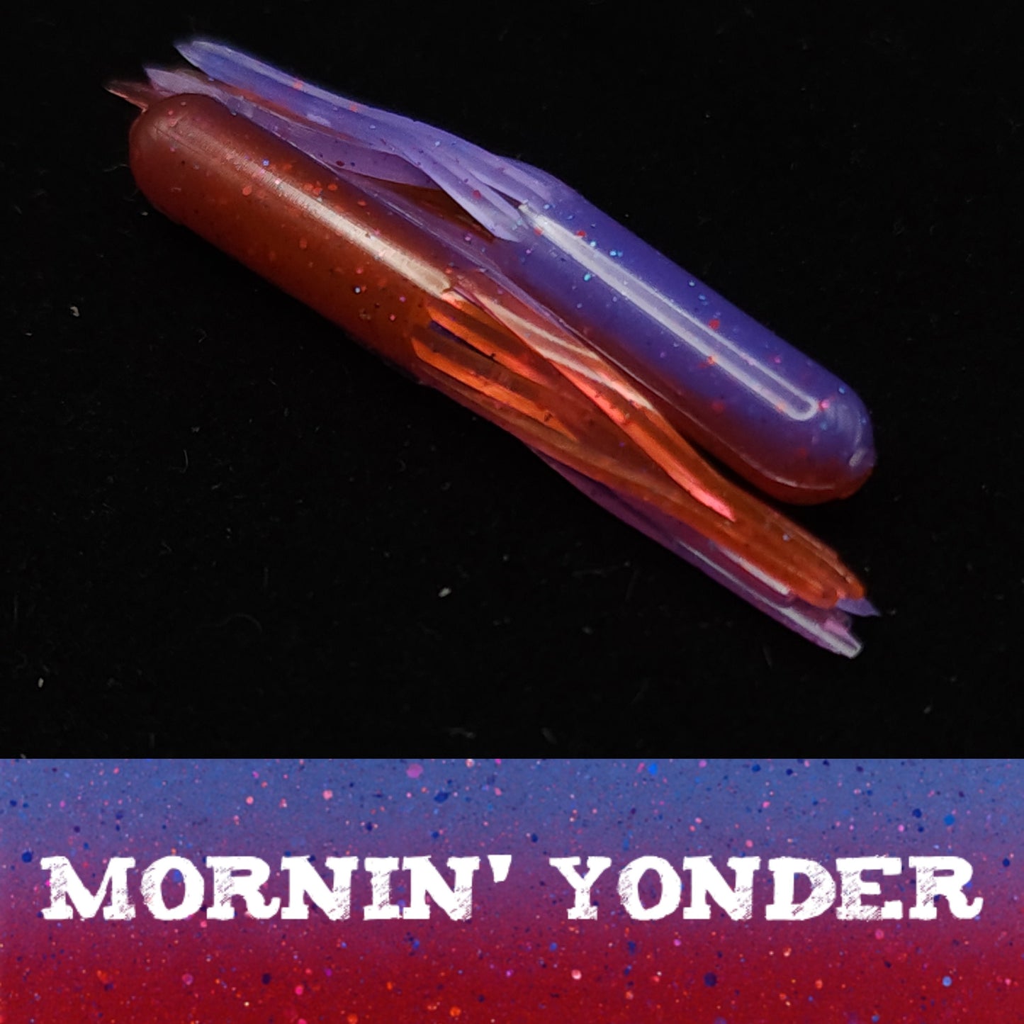 Fishing lure with 'Mornin' Yonder' text on a dark background