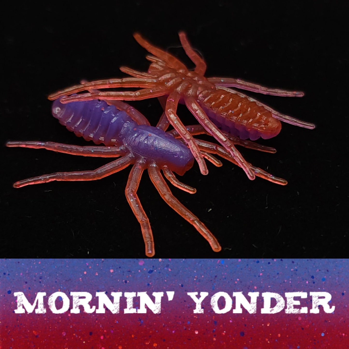 Two colorful crawfish toys on a black background with 'Mornin' Yonder' text.