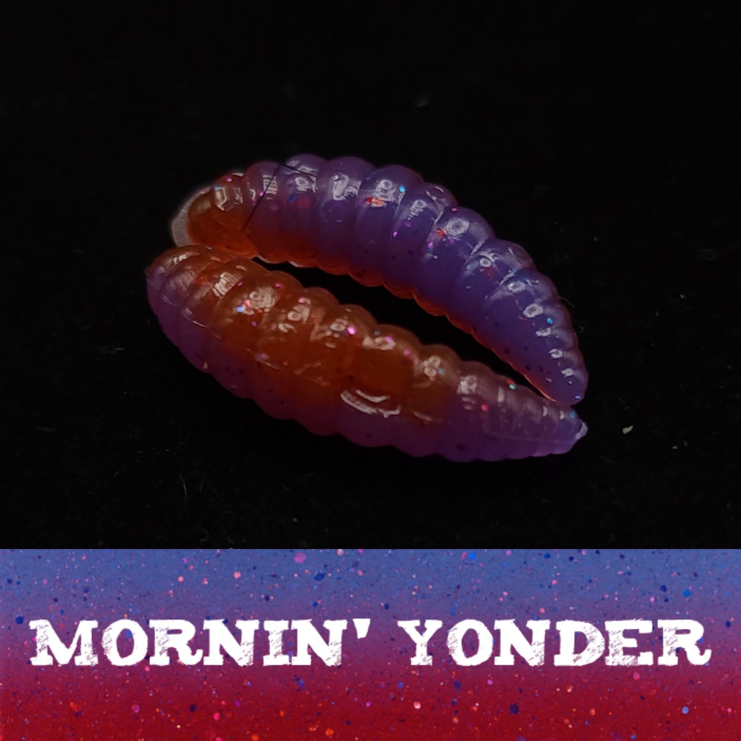 Two colorful worm fishing lures on a black background with 'Mornin' Yonder' text.