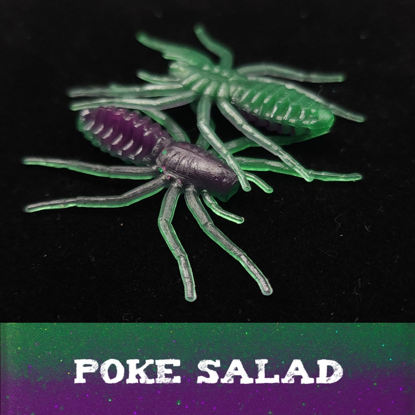 Spider lures with green legs and purple body on a black background, labeled 'Poke Salad'.