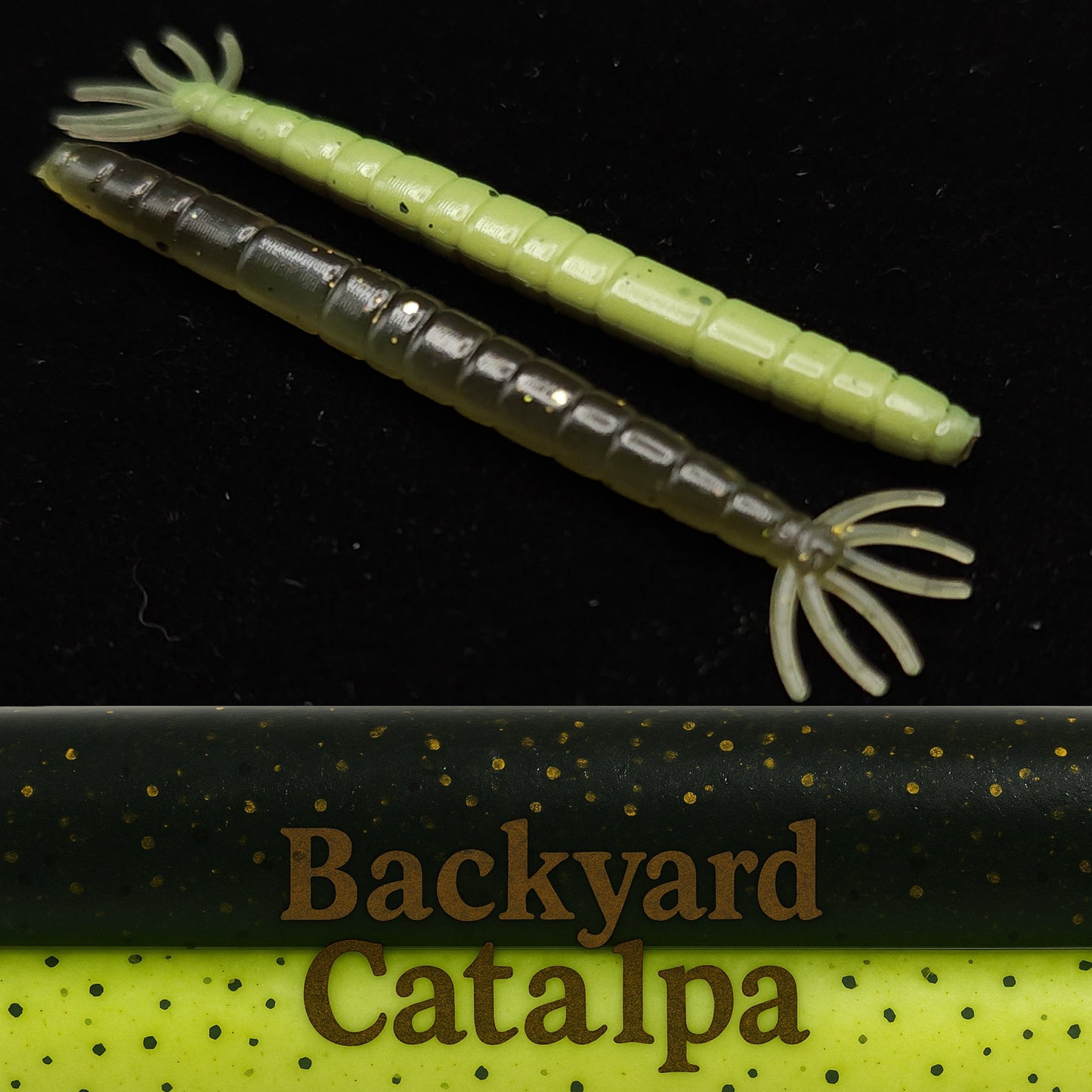 Two green and black fishing lures on a black background with 'Backyard Catalpa' branding.